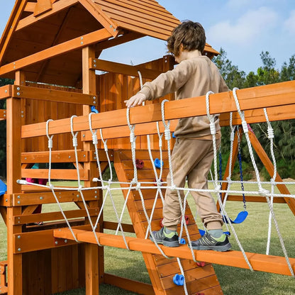 Swing Sets for Backyard with Plank Bridge, Wooden Playground Sets for Backyards with 2 Wave Slides, Monkey bar