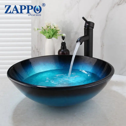Tempered Glass Bathroom Vessel Sink with Waterfall Black Faucet Tap Bathroom Oval Blue Vessel Sinks Above Counter Basin