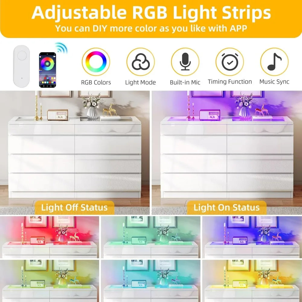 White 8-Drawer Dresser LED Lighting Glass Top