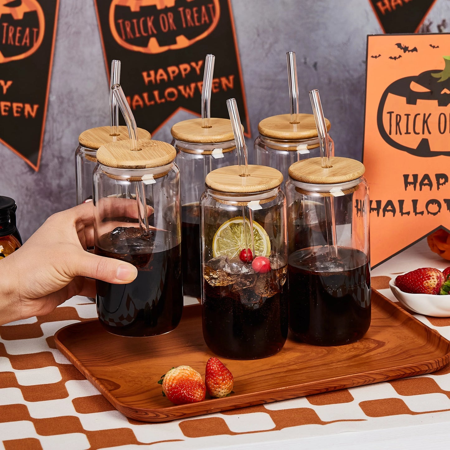 6pcs 18.6oz Glasses with Bamboo Lids and Glass Straw