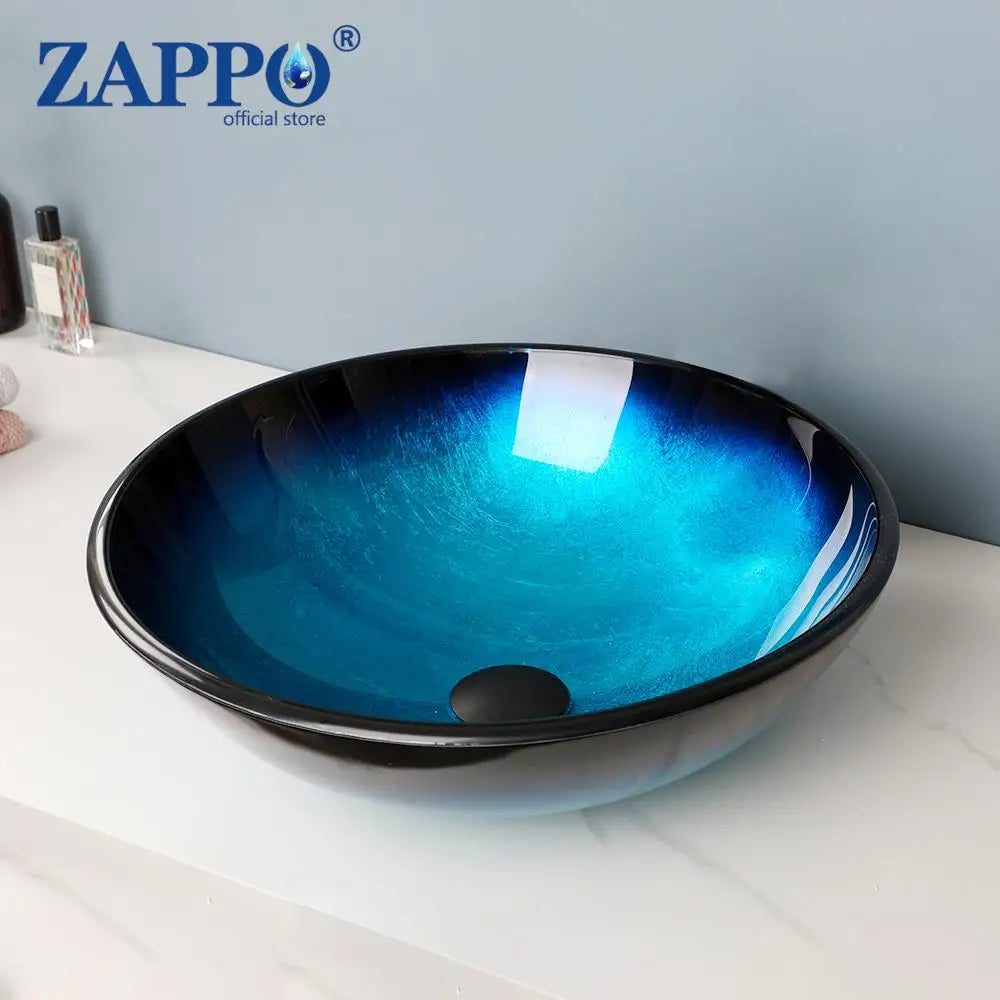 Tempered Glass Bathroom Vessel Sink with Waterfall Black Faucet Tap Bathroom Oval Blue Vessel Sinks Above Counter Basin