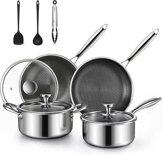 10 Pcs Non Stick Pots and Pans Set with Lids, Hybrid Stainless Steel Cookware Set, Skillet,Stock Pot,Frying Pan,Kitchen Cooking