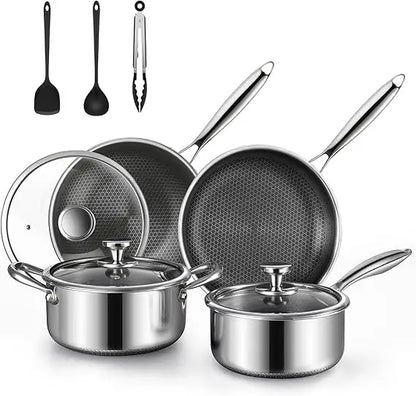 10 Pcs Non Stick Pots and Pans Set with Lids, Hybrid Stainless Steel Cookware Set, Skillet,Stock Pot,Frying Pan,Kitchen Cooking