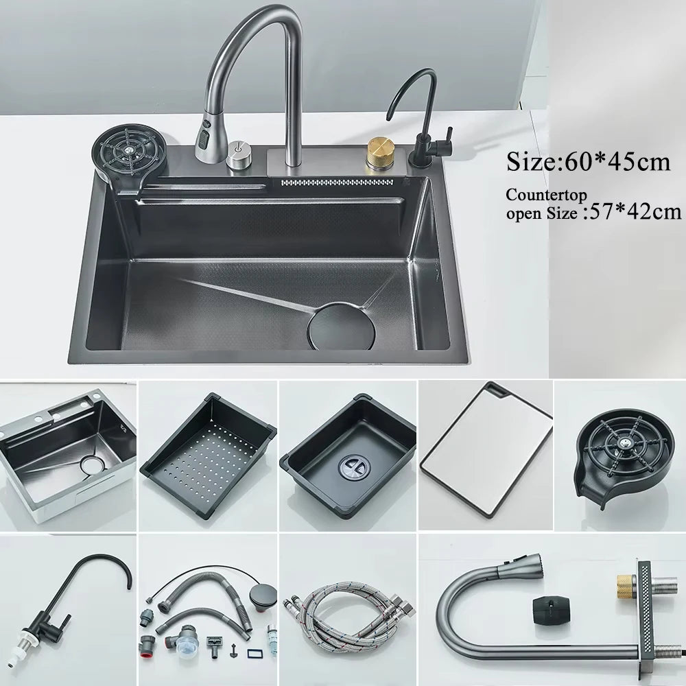 Stainless Steel Waterfall Kitchen Sink Large Single Slot Integrated Digital Display Faucet Set Soap Dispenser Cup Washer