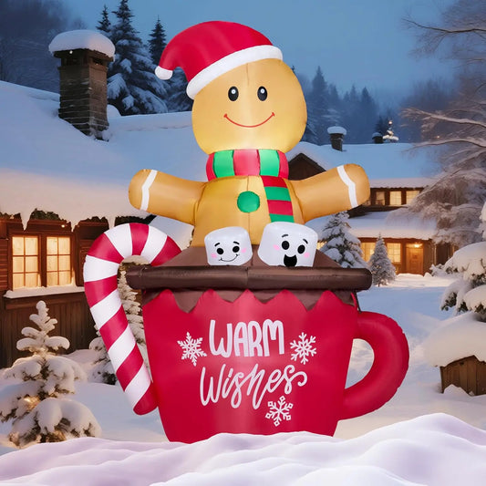 6 FT Tall Christmas Inflatable Gingerbread Man in Hot Cocoa Mug