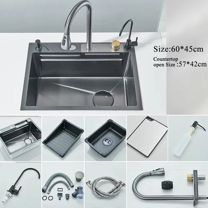 Stainless Steel Waterfall Kitchen Sink Large Single Slot Integrated Digital Display Faucet Set Soap Dispenser Cup Washer