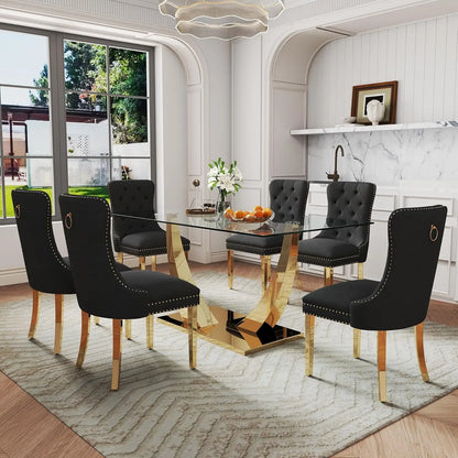 7-Piece Dining Room Set, 63" Gold Rectangular Glass Kitchen Table with 6 Beige High Back Chairs, Modern Glass Dining Table Set f