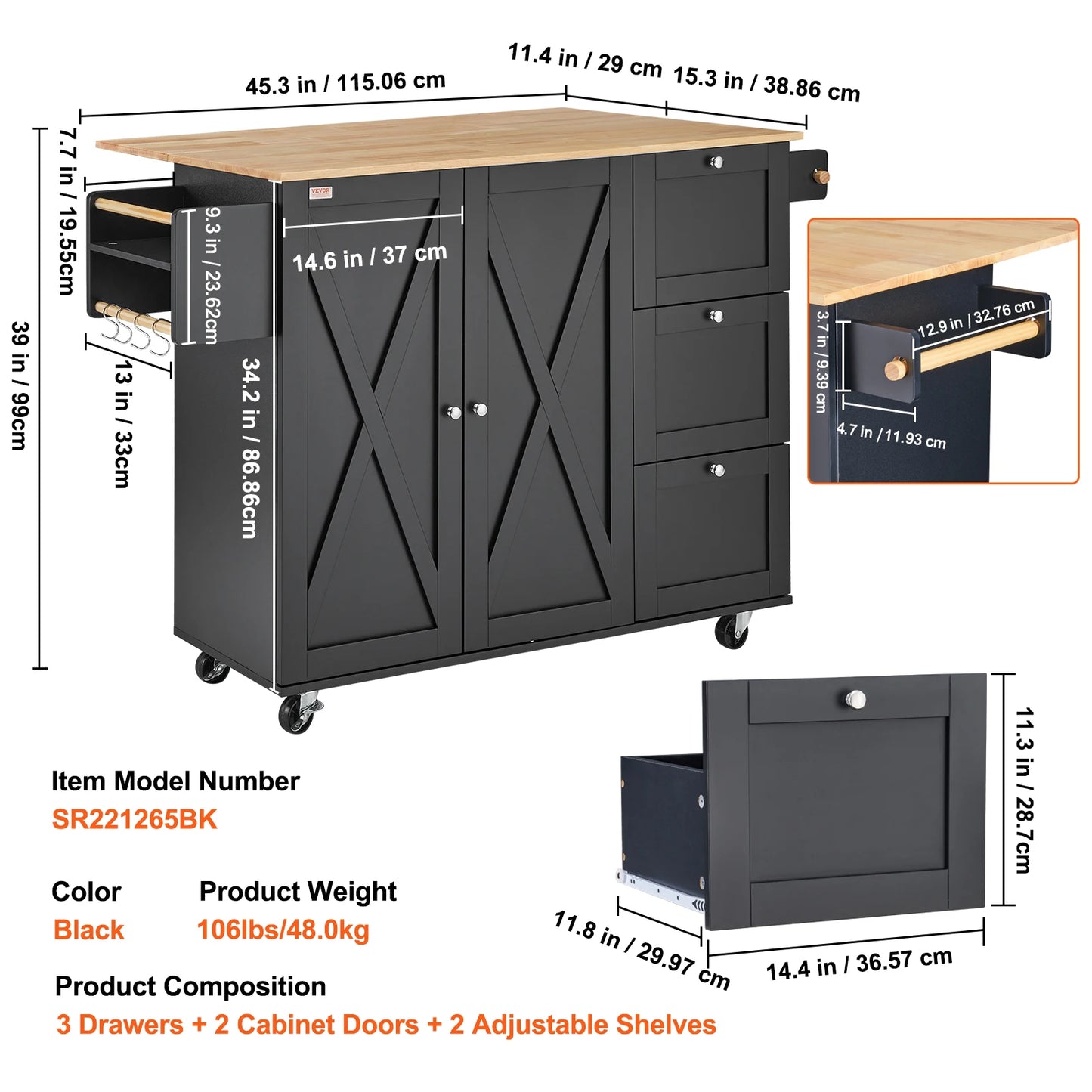 56" Kitchen Island Cart Wood Top Mobile Carts with Storage Cabinet Rolling Table with Spice Rack Towel Adjustable Shelf