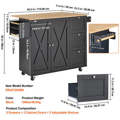 56" Kitchen Island Cart Wood Top Mobile Carts with Storage Cabinet Rolling Table with Spice Rack Towel Adjustable Shelf