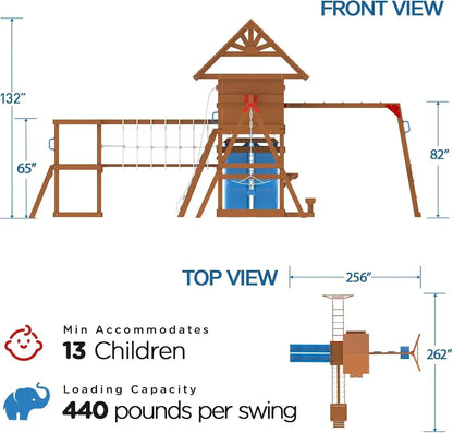 Swing Sets for Backyard with Plank Bridge, Wooden Playground Sets for Backyards with 2 Wave Slides, Monkey bar