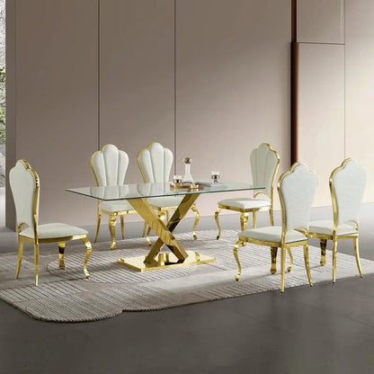 Gold Stainless Steel Dining Table with 70-inch Clear Tempered Glass Top