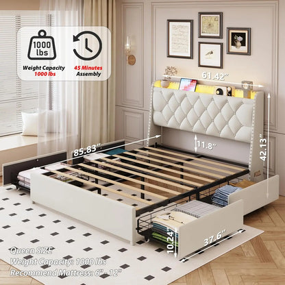 Queen Size Bed Frame with 4 Drawers & Storage Headboard