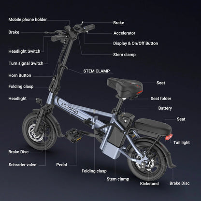 14'' Foldable Electric Bike 500W 48V 10.4AH Battery 22MPH 28Miles Long Range with Two Seats for Adult