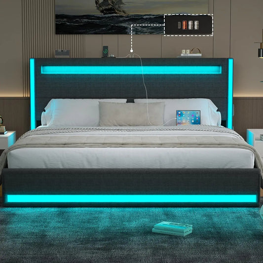 King Size Bed with Adjustable Headboard, LED Platform Bed