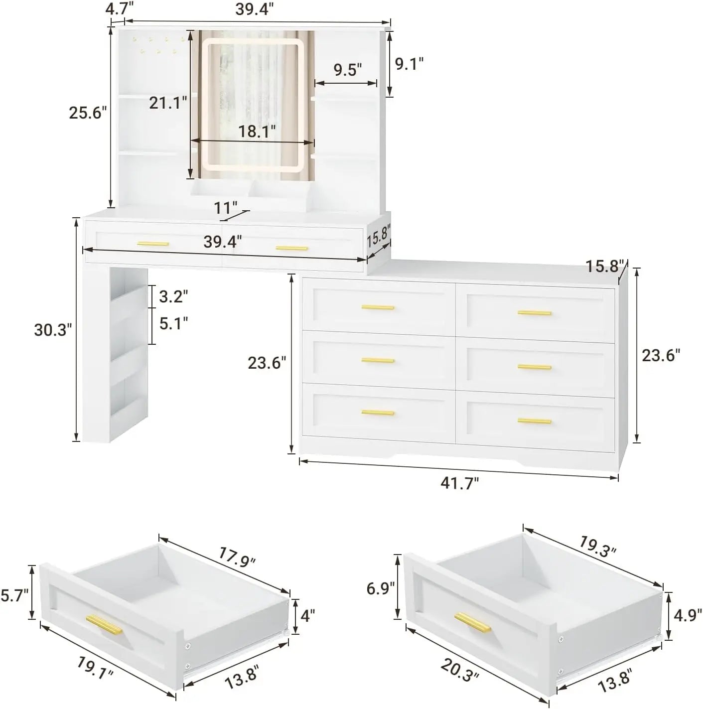 Makeup Vanity with Dresser Lighted Mirror & Power Outlet