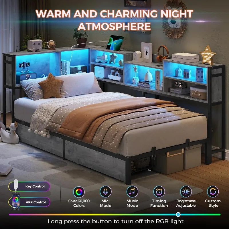 Corner Twin Bed Bookcase Storage Led Lights