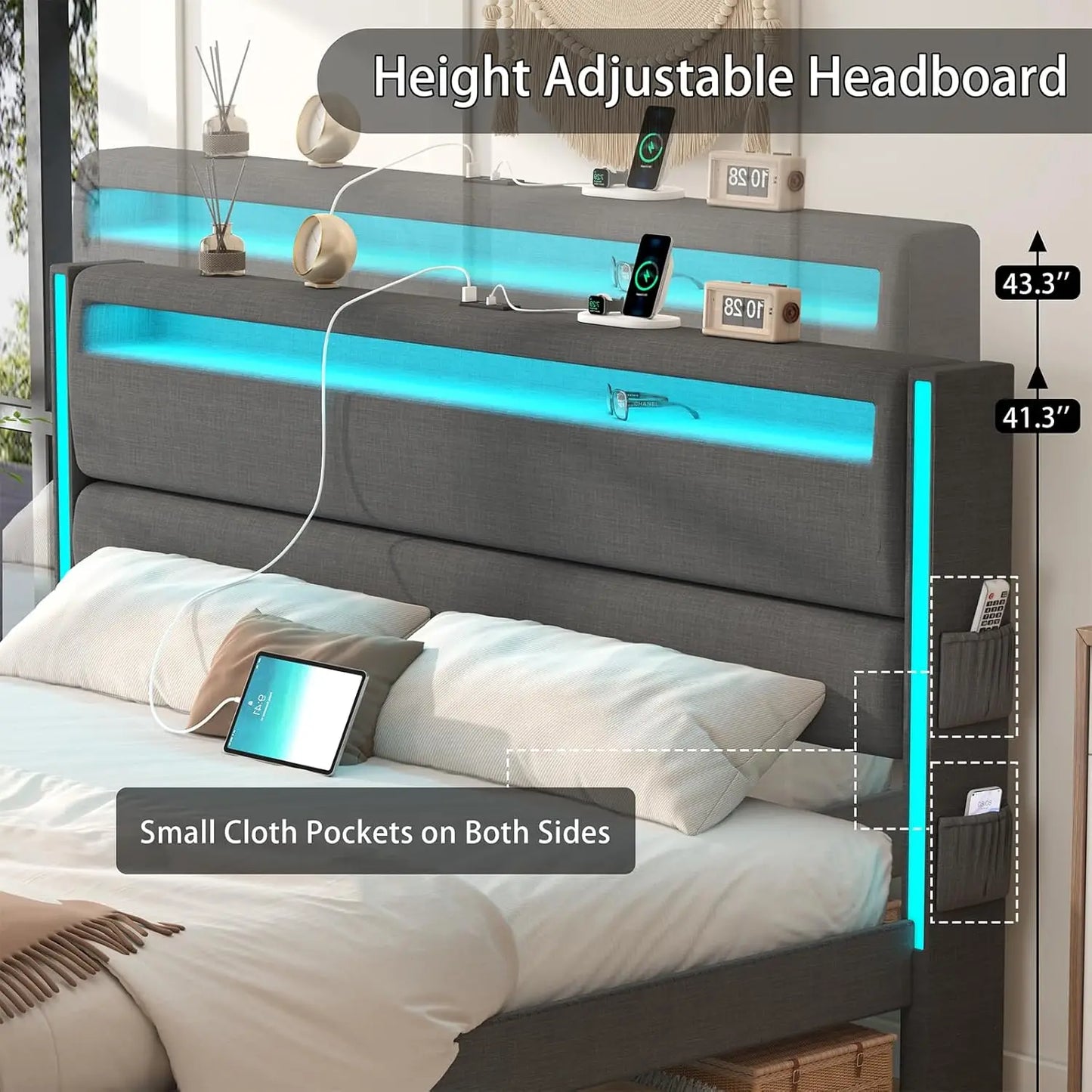 King Size Bed with Adjustable Headboard, LED Platform Bed