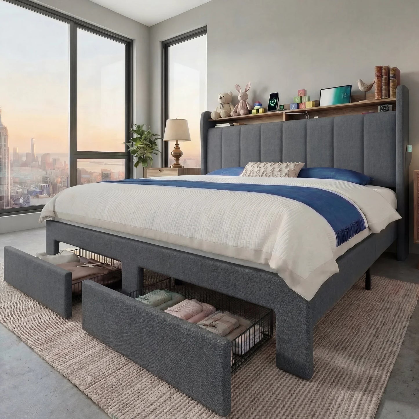 Bed Frame, 2 Storage Drawers/2-Tier Shelves with LED Lights