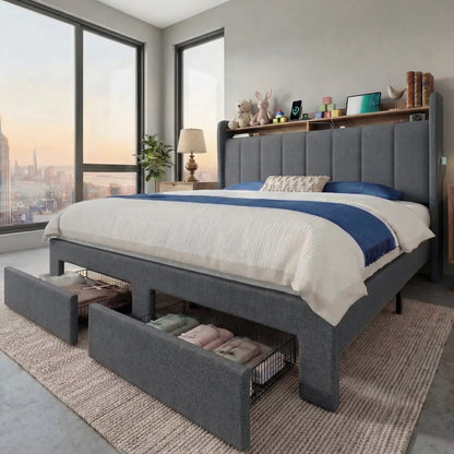 Bed Frame, 2 Storage Drawers/2-Tier Shelves with LED Lights