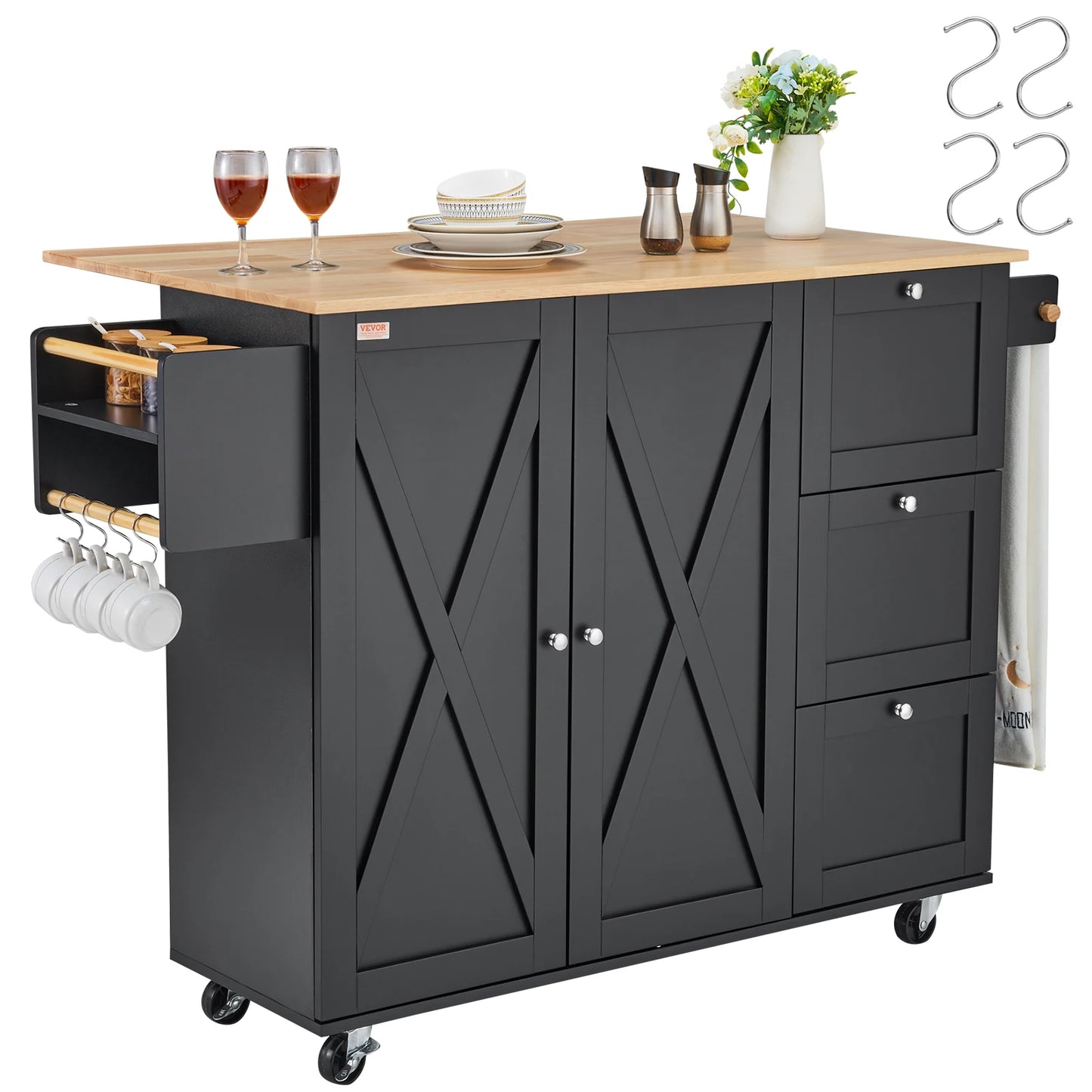 56" Kitchen Island Cart Wood Top Mobile Carts with Storage Cabinet Rolling Table with Spice Rack Towel Adjustable Shelf