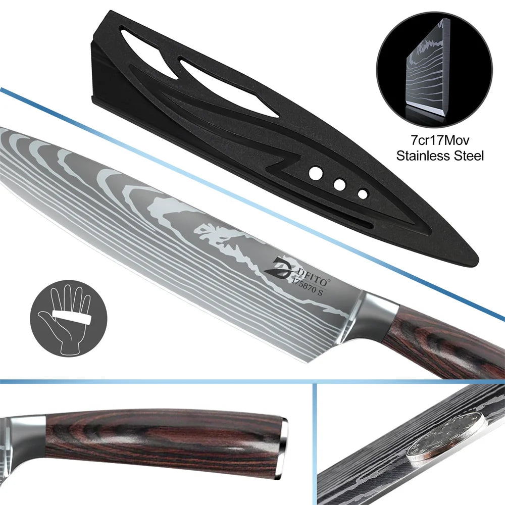 8pcs Kitchen Knife Damascus Stainless Steel Nylon Bag