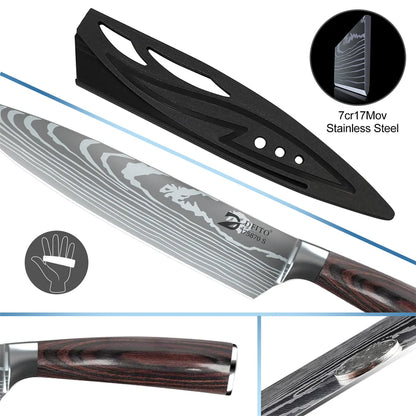 8pcs Kitchen Knife Damascus Stainless Steel Nylon Bag