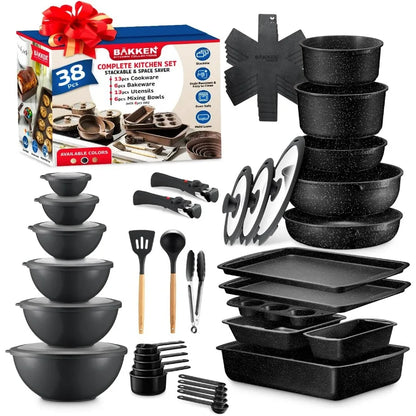 38 Piece Granite Cookware & Bakeware Set – Nonstick Granite Coating, Pots and Pans with Detachable Handle and Tempered Glass Lid