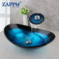 Tempered Glass Bathroom Vessel Sink with Waterfall Black Faucet Tap Bathroom Oval Blue Vessel Sinks Above Counter Basin