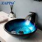Tempered Glass Bathroom Vessel Sink with Waterfall Black Faucet Tap Bathroom Oval Blue Vessel Sinks Above Counter Basin