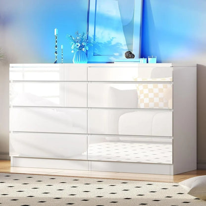 White 8-Drawer Dresser LED Lighting Glass Top
