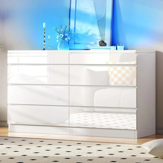White 8-Drawer Dresser LED Lighting Glass Top