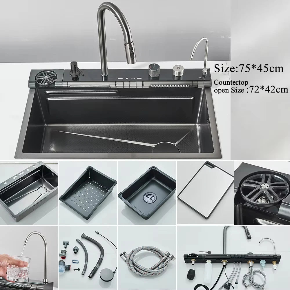 Stainless Steel Waterfall Kitchen Sink Large Single Slot Integrated Digital Display Faucet Set Soap Dispenser Cup Washer