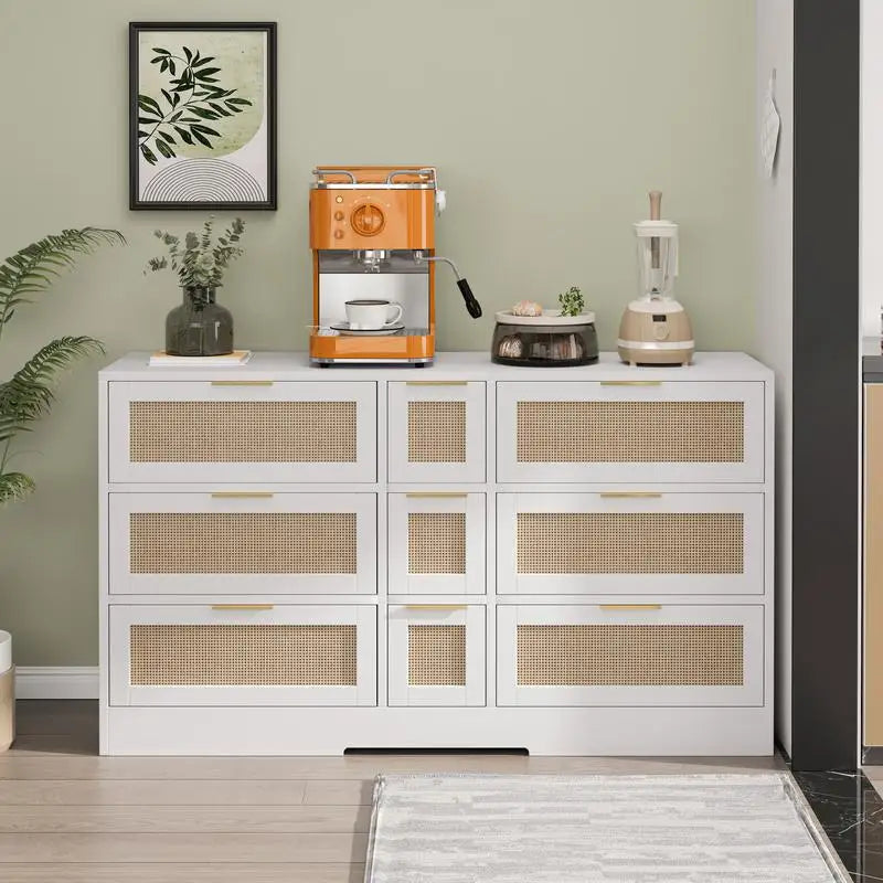 White Rattan Storage Locker with 9 Drawers