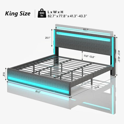 King Size Bed with Adjustable Headboard, LED Platform Bed