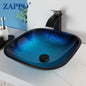 Tempered Glass Bathroom Vessel Sink with Waterfall Black Faucet Tap Bathroom Oval Blue Vessel Sinks Above Counter Basin
