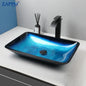 Tempered Glass Bathroom Vessel Sink with Waterfall Black Faucet Tap Bathroom Oval Blue Vessel Sinks Above Counter Basin