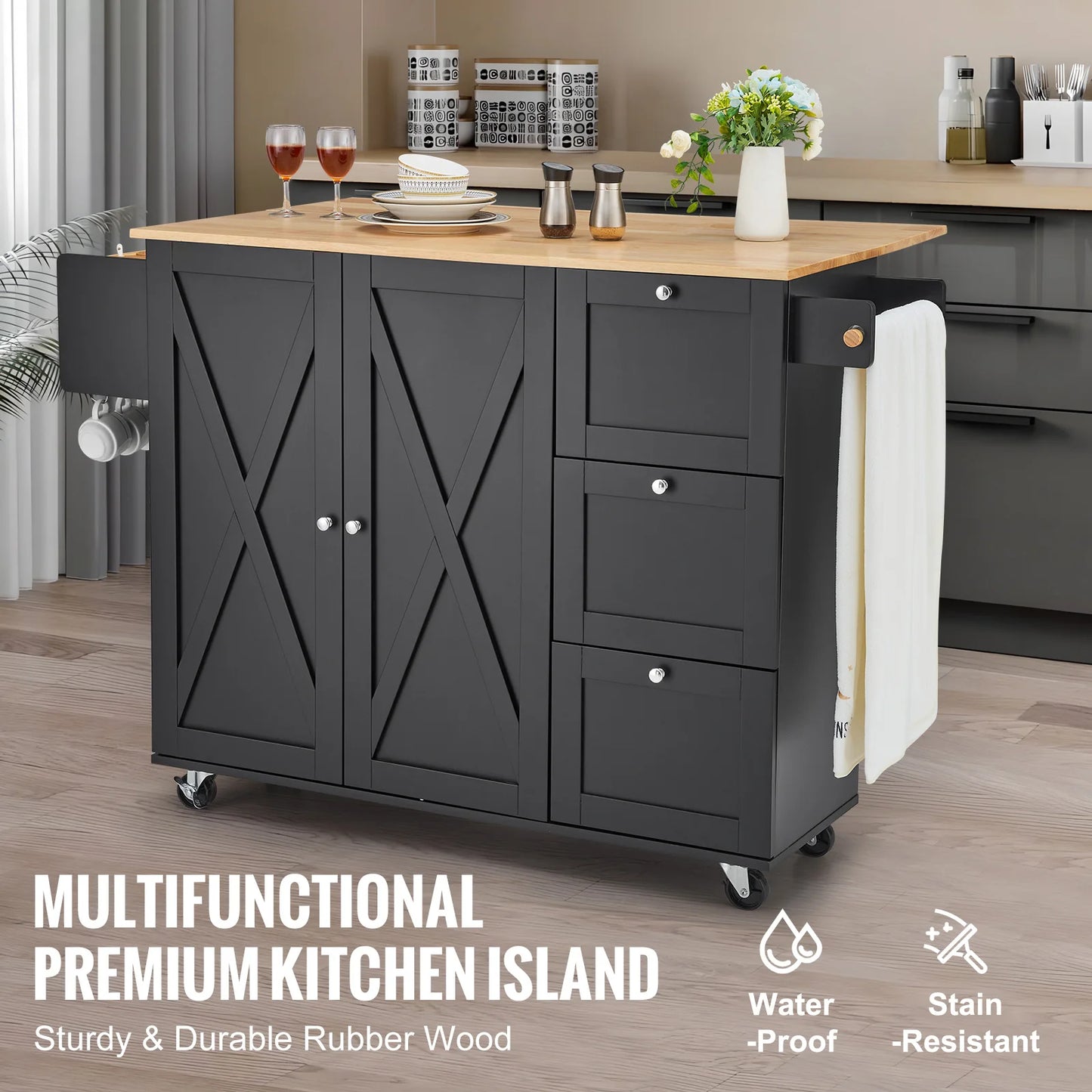 56" Kitchen Island Cart Wood Top Mobile Carts with Storage Cabinet Rolling Table with Spice Rack Towel Adjustable Shelf