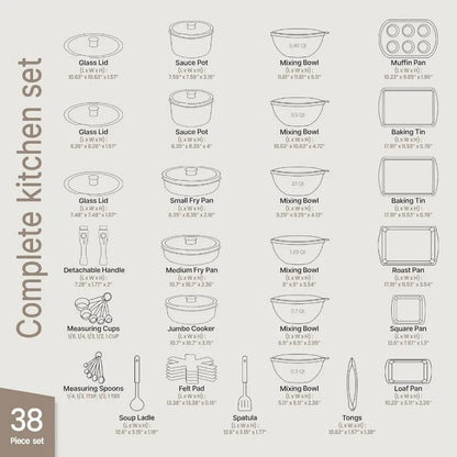 38 Piece Granite Cookware & Bakeware Set – Nonstick Granite Coating, Pots and Pans with Detachable Handle and Tempered Glass Lid