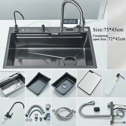 Stainless Steel Waterfall Kitchen Sink Large Single Slot Integrated Digital Display Faucet Set Soap Dispenser Cup Washer