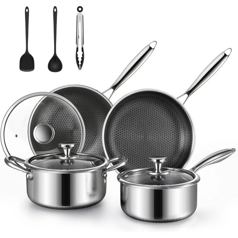 10 Pcs Non Stick Pots and Pans Set with Lids, Hybrid Stainless Steel Cookware Set, Skillet,Stock Pot,Frying Pan,Kitchen Cooking