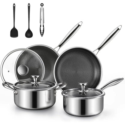 10 Pcs Non Stick Pots and Pans Set with Lids, Hybrid Stainless Steel Cookware Set, Skillet,Stock Pot,Frying Pan,Kitchen Cooking