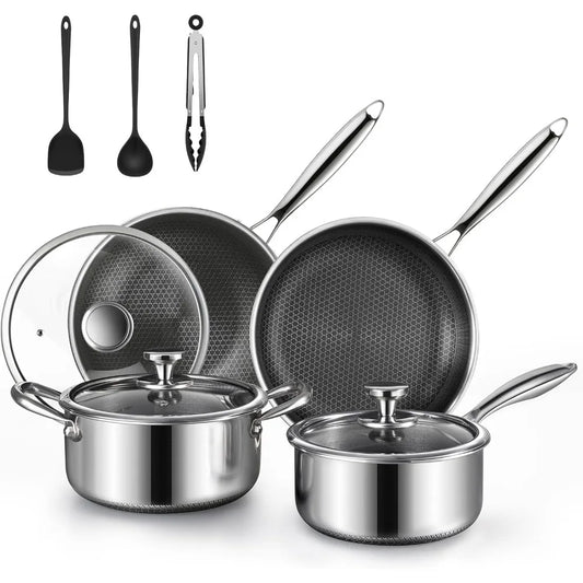 10 Pcs Non Stick Pots and Pans Set with Lids, Hybrid Stainless Steel Cookware Set, Skillet,Stock Pot,Frying Pan,Kitchen Cooking