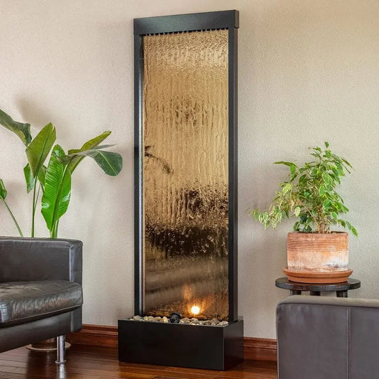 72 Tall Indoor Outdoor Mirror Waterfall Floor Fountain, LED Lights amp River Stones, Elegant Bronze Finish for Home, Office, Pa