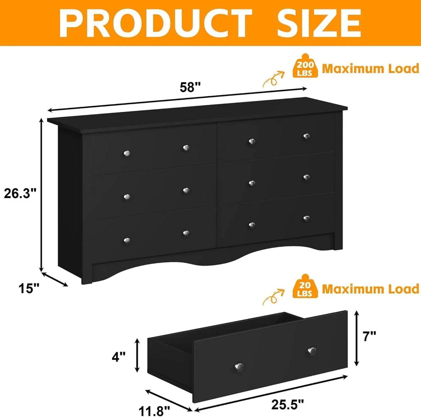6 Wood Drawers Dresser for Bedroom, Double Dresser for TV up to 65 inch, TV Stand Storage Chest of Drawers for Living Room