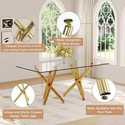 Glass Dining Table, Gold Table for 6-8