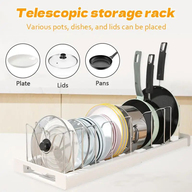 Expandable Pots and Pans Organizer Under Cabinet, Pot Lid Holder with 7Adjustable Compartment for Bakewar