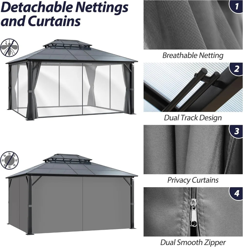 12' x 14' Hardtop Gazebo with Double Polycarbonate Roof, Metal Frame