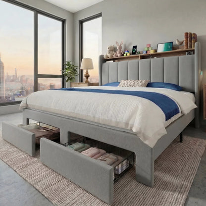 Bed Frame, 2 Storage Drawers/2-Tier Shelves with LED Lights