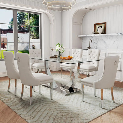 7-Piece Dining Room Set, 63" Gold Rectangular Glass Kitchen Table with 6 Beige High Back Chairs, Modern Glass Dining Table Set f