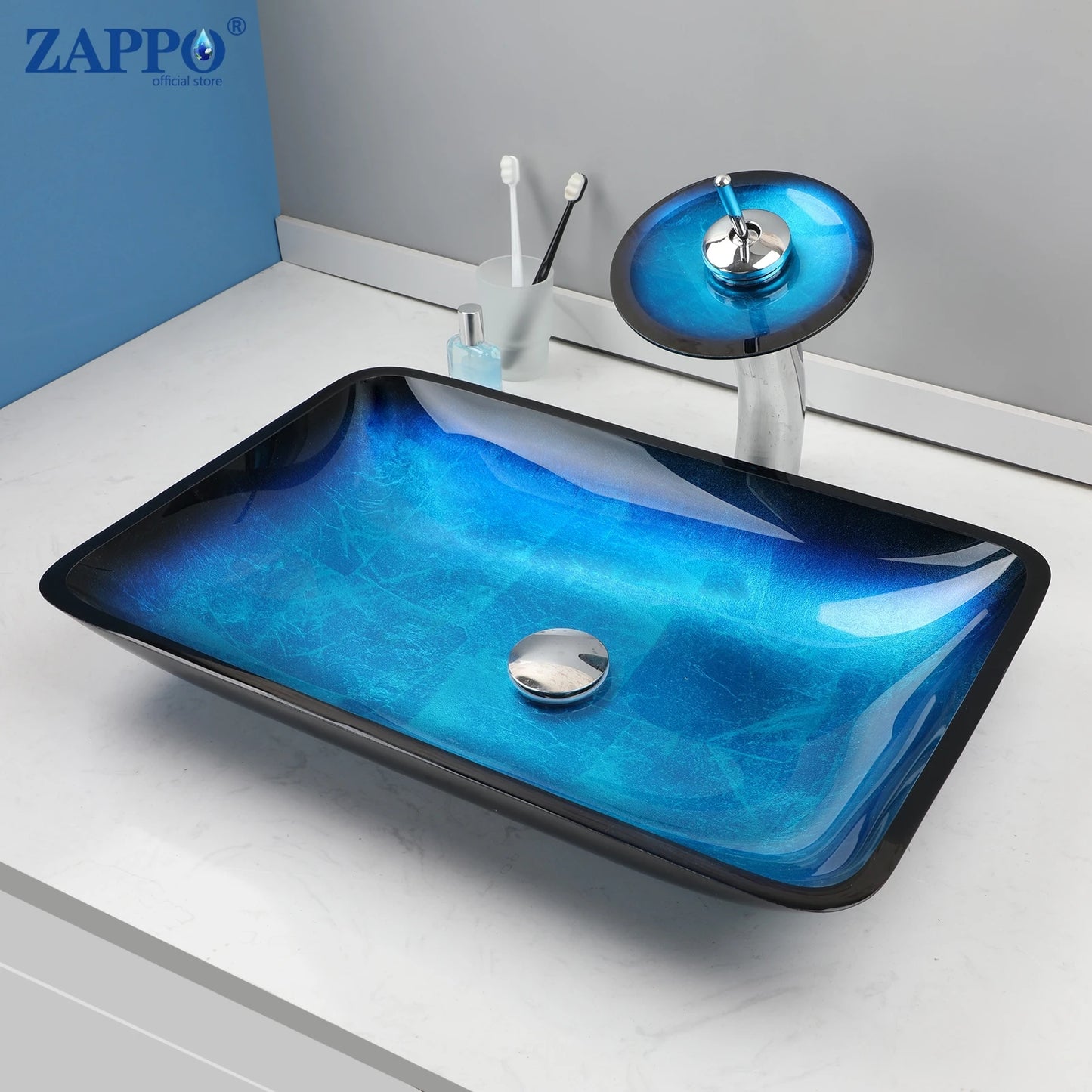Tempered Glass Bathroom Vessel Sink with Waterfall Black Faucet Tap Bathroom Oval Blue Vessel Sinks Above Counter Basin